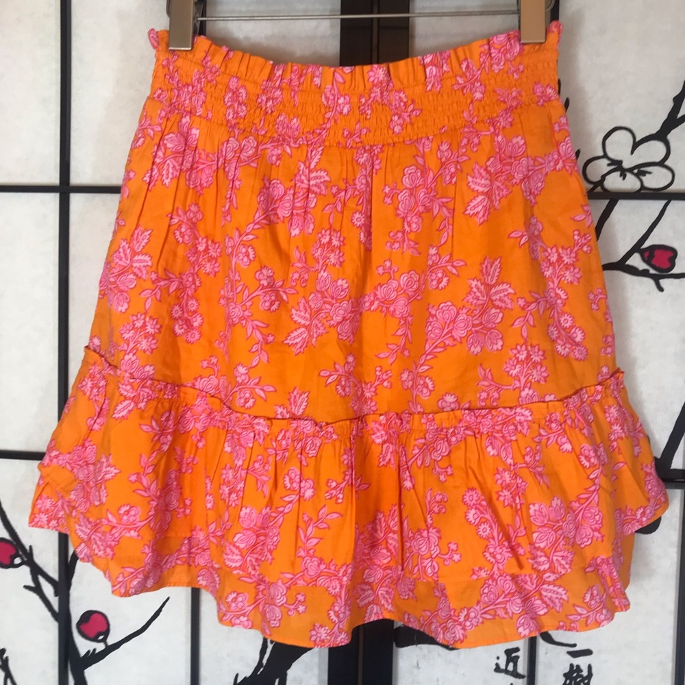 🐬 J.Crew Ruffle Smocked Waist Lined Floral Orange Skirt - Picture 6 of 6